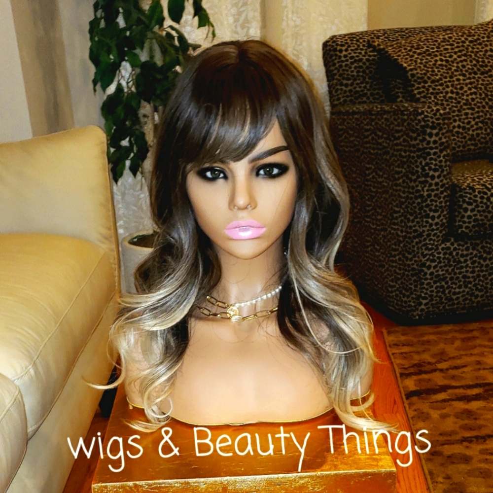 Long Wig - Balayage Ombre Black Silver Platinum Blondee Curly Wavy Hair